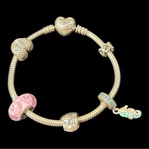 Pandora 7" Bracelet 925 Silver Snake Chain 5 Charms Seahorse Hearts Starfish